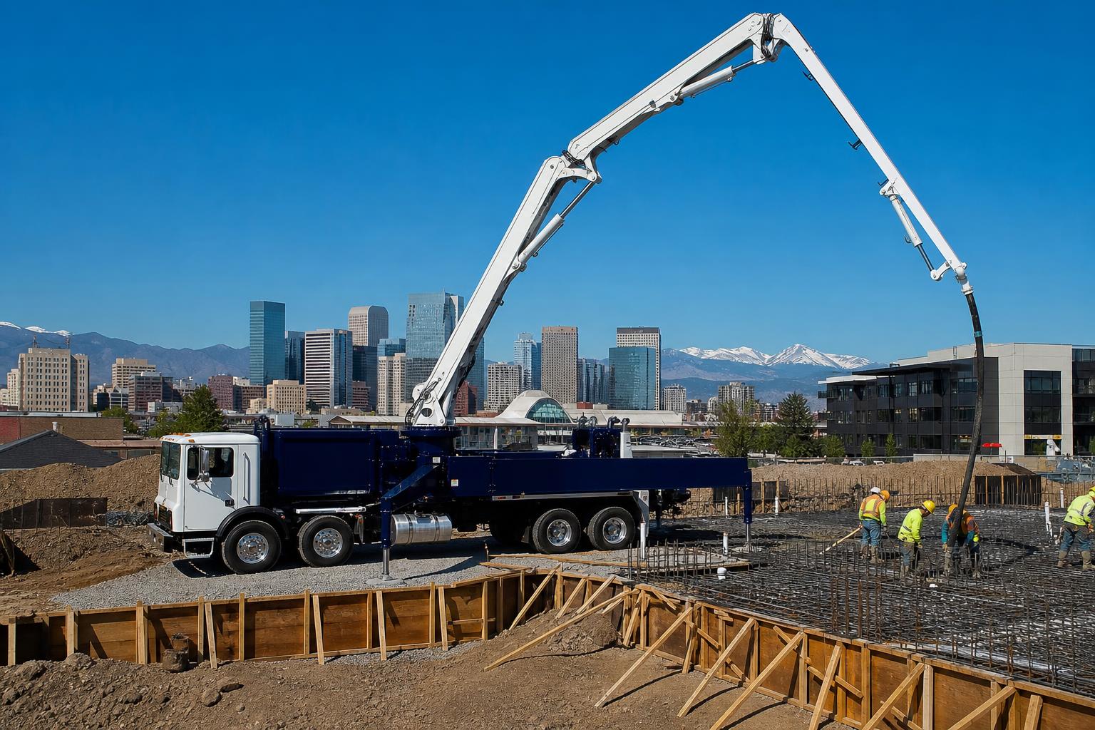 Concrete pump truck operating on an urban construction site in Denver, Colorado.