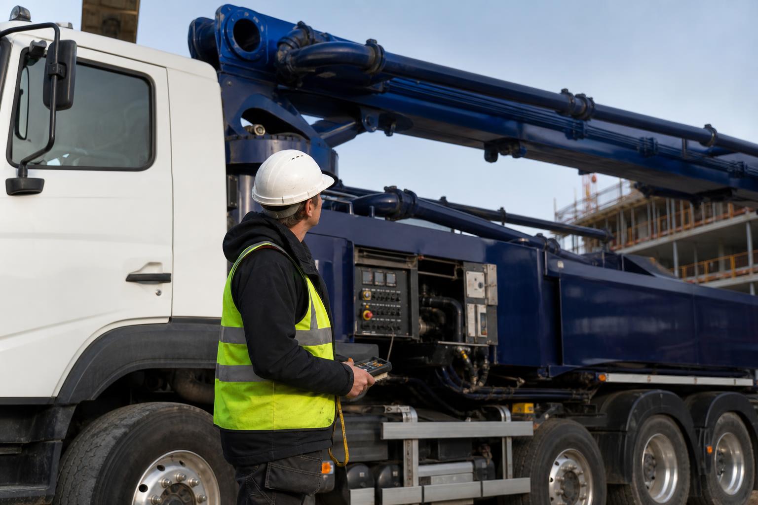 Licensed concrete pump operator managing boom controls during an active pour.