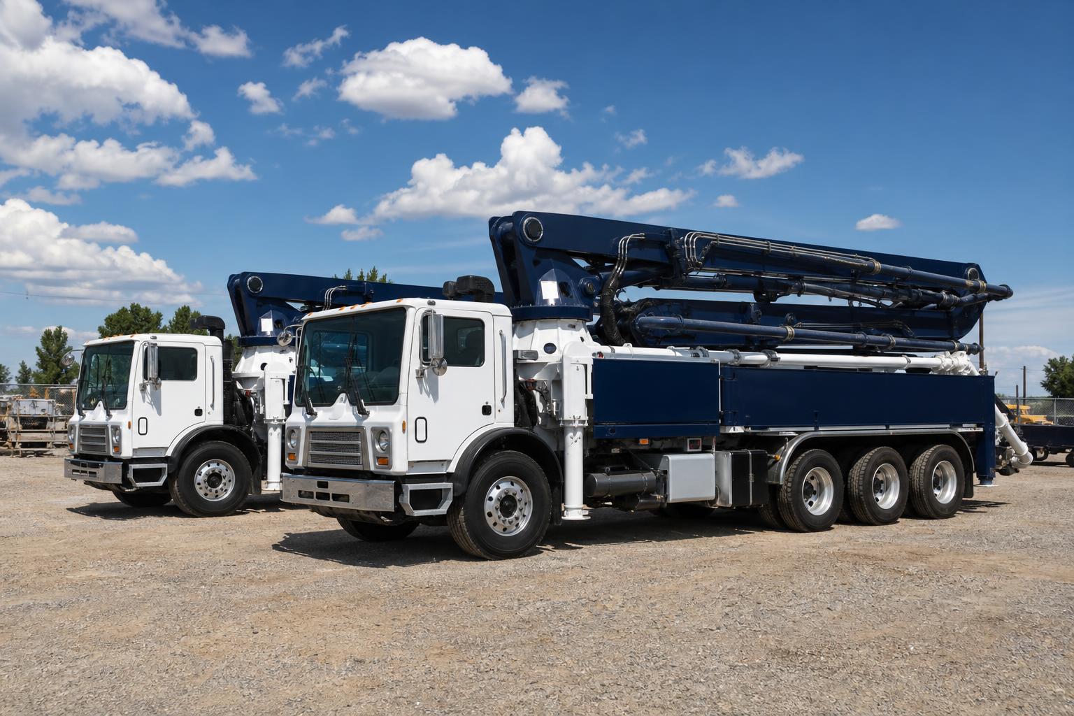 Concrete pump truck staged at an equipment yard, ready for deployment to a Denver area project.