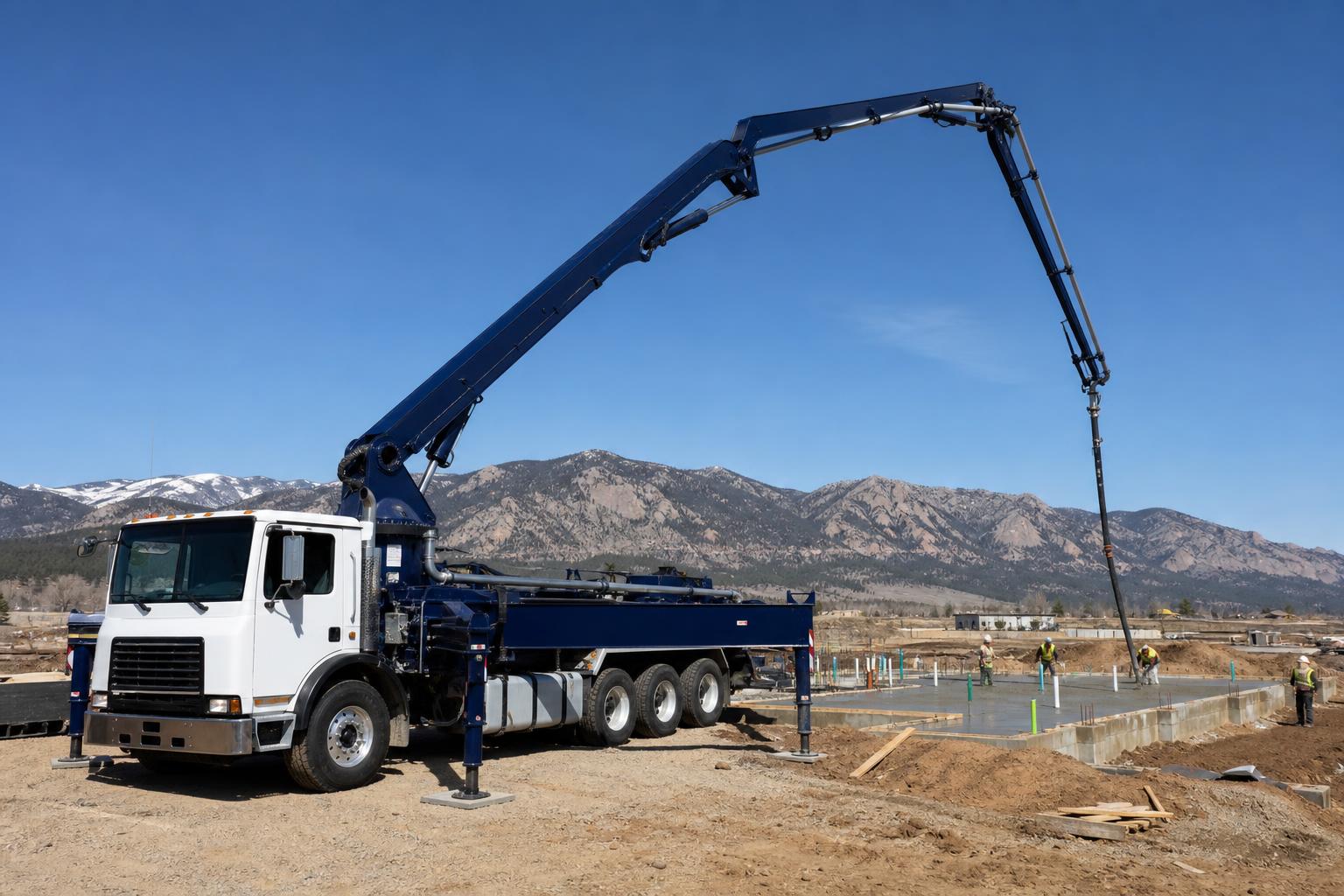Concrete boom pump truck extended over an active commercial construction site in Denver.