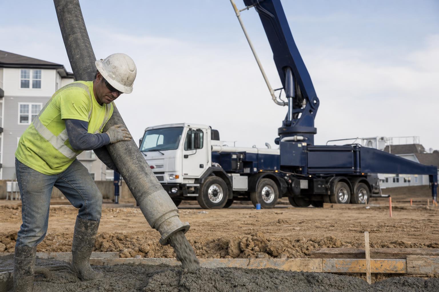 Concrete pump hose delivering concrete into a prepared residential foundation form.