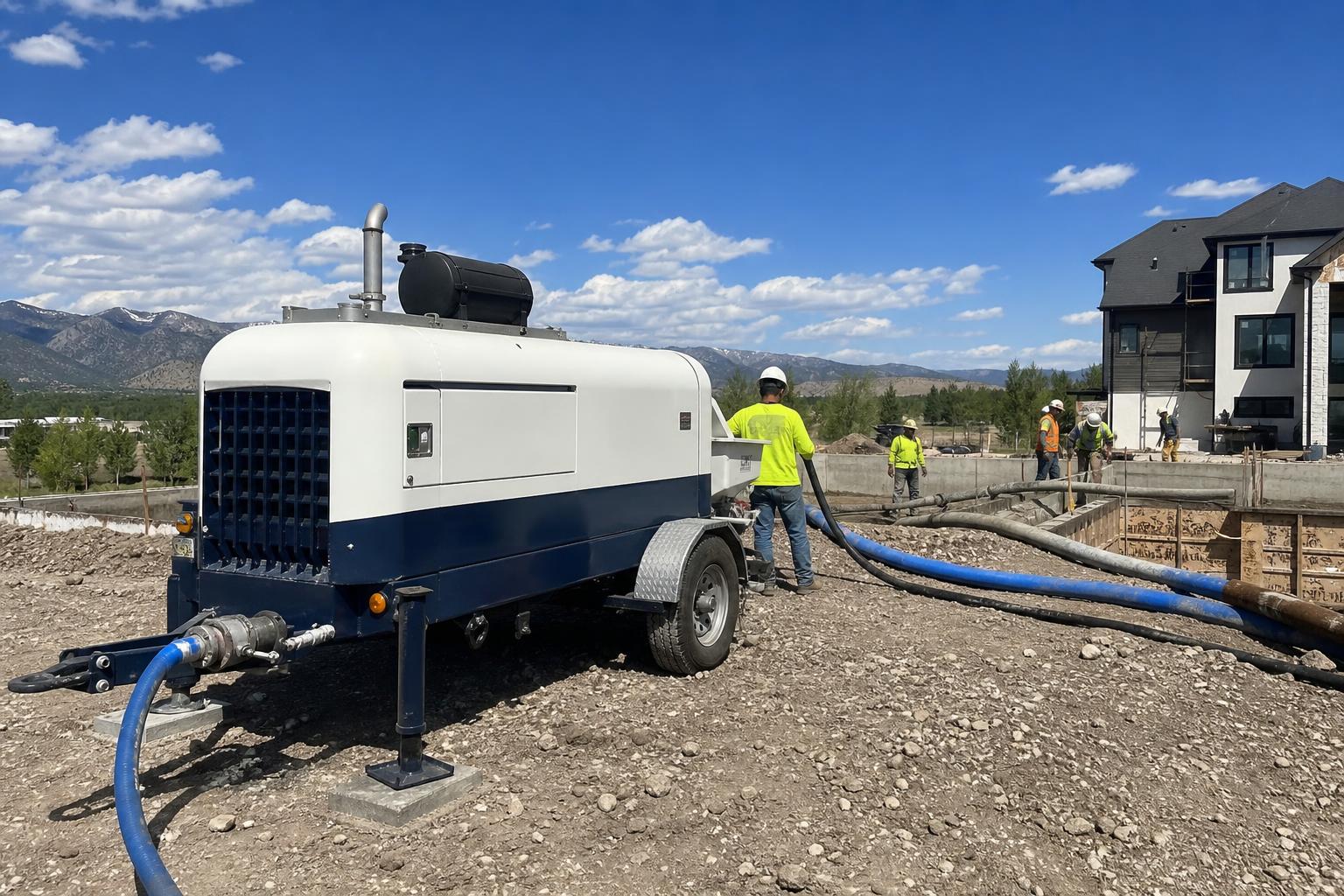 Trailer-mounted concrete line pump staged at a residential construction site.