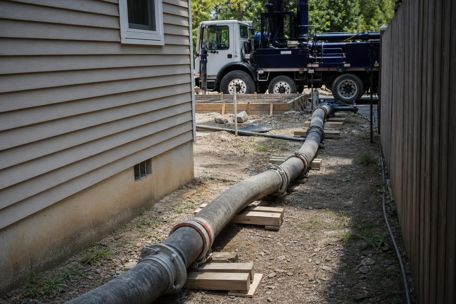 Rubber concrete pump hose routed through a residential side yard to a below-grade foundation form.