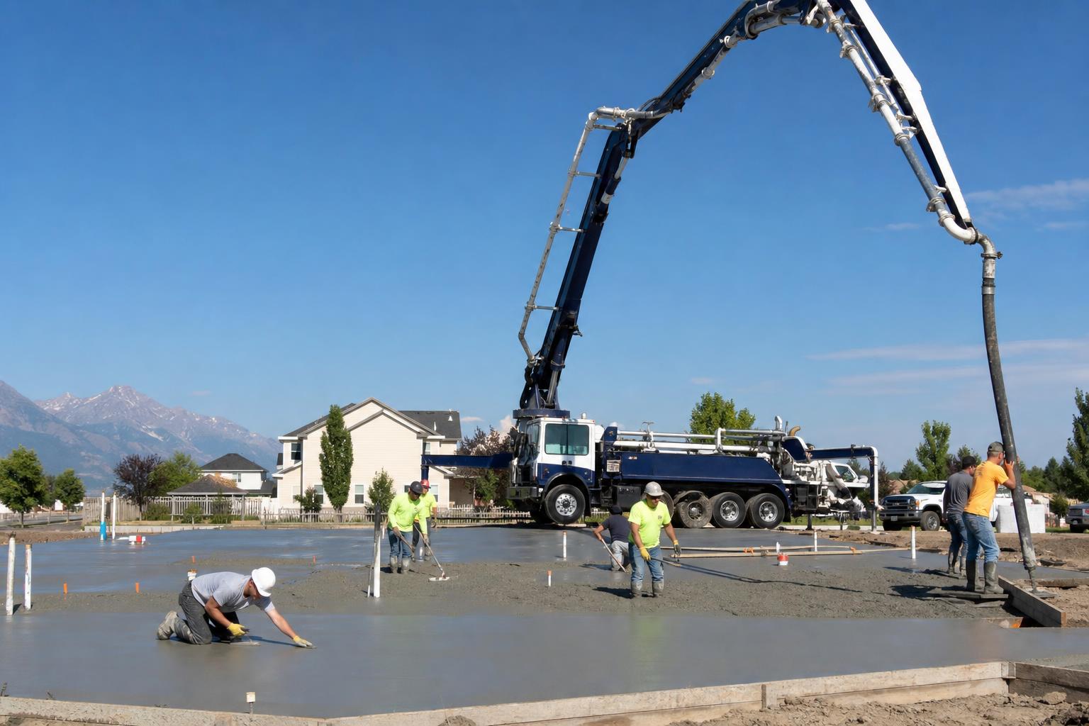 Residential concrete slab pour in progress with a line pump hose delivering concrete to the placement zone.